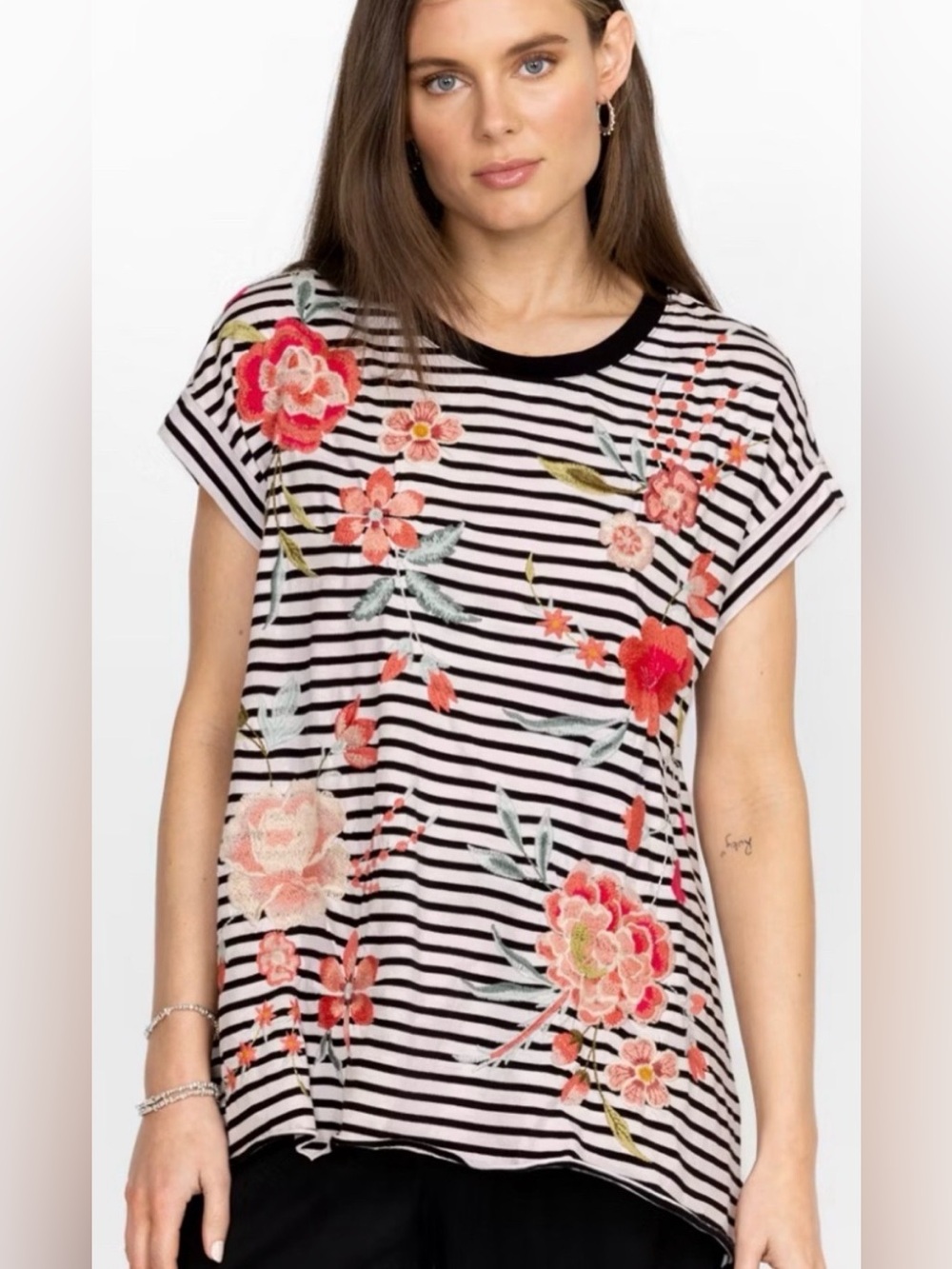 Johnny Was Joya Relaxed Oversized Embroidered Floral and Striped Tee Women’s XS